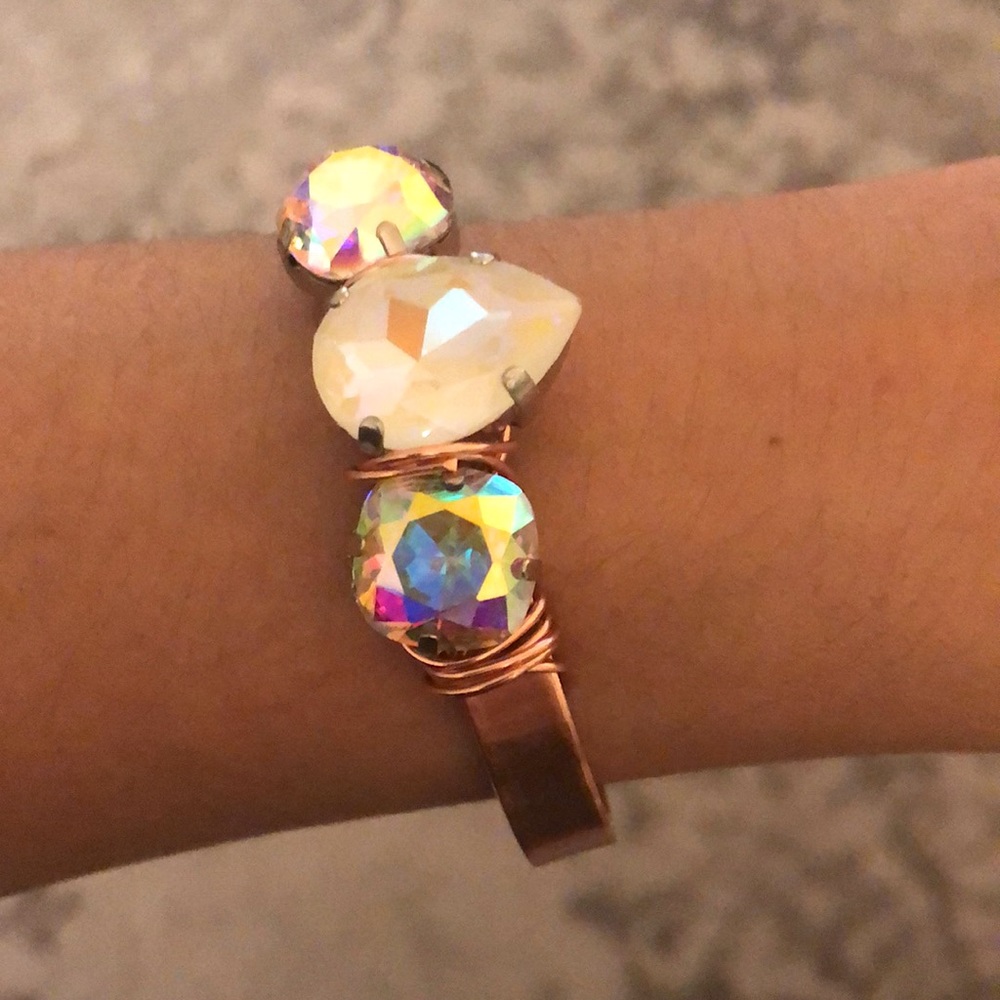 Raw Copper Aurora Borealis + White AB Crystal Cuff Bangle - Picture 7 of 16